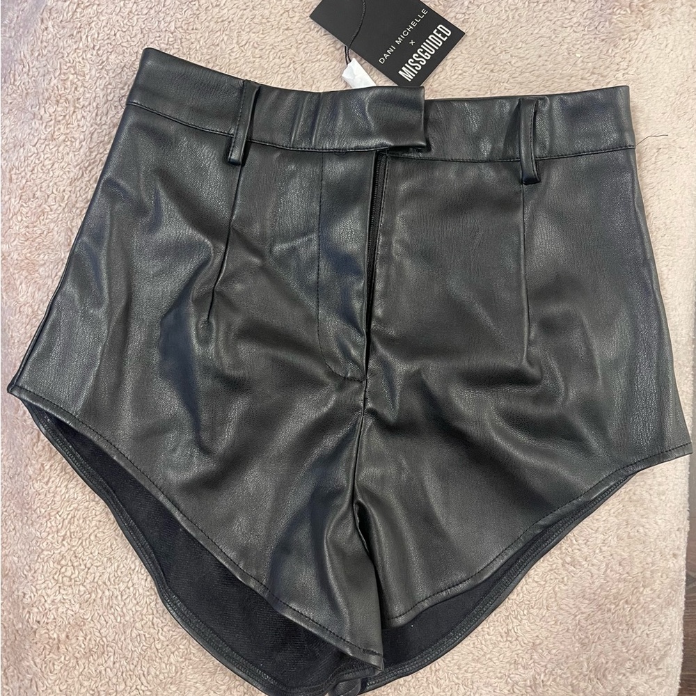 Faux leather shorts by Dani Michelle X Misguided, black, new, belt loops